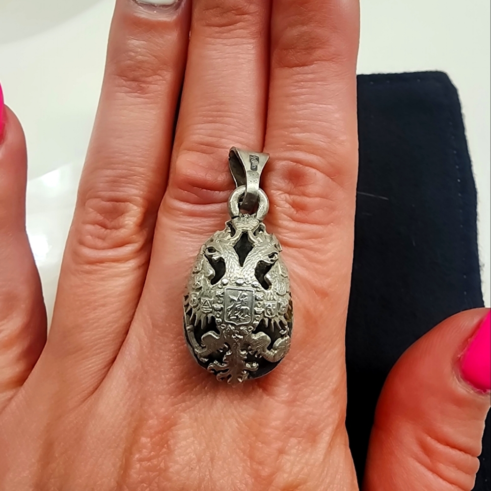 Vintage Silver Russian Imperial Egg Pendant Double Headed Eagle Cross